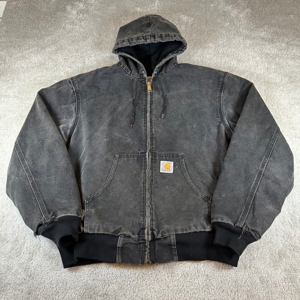 Vintage Carhartt Active Jacket Mens XL Faded Black Distressed Duck Canvas Hood